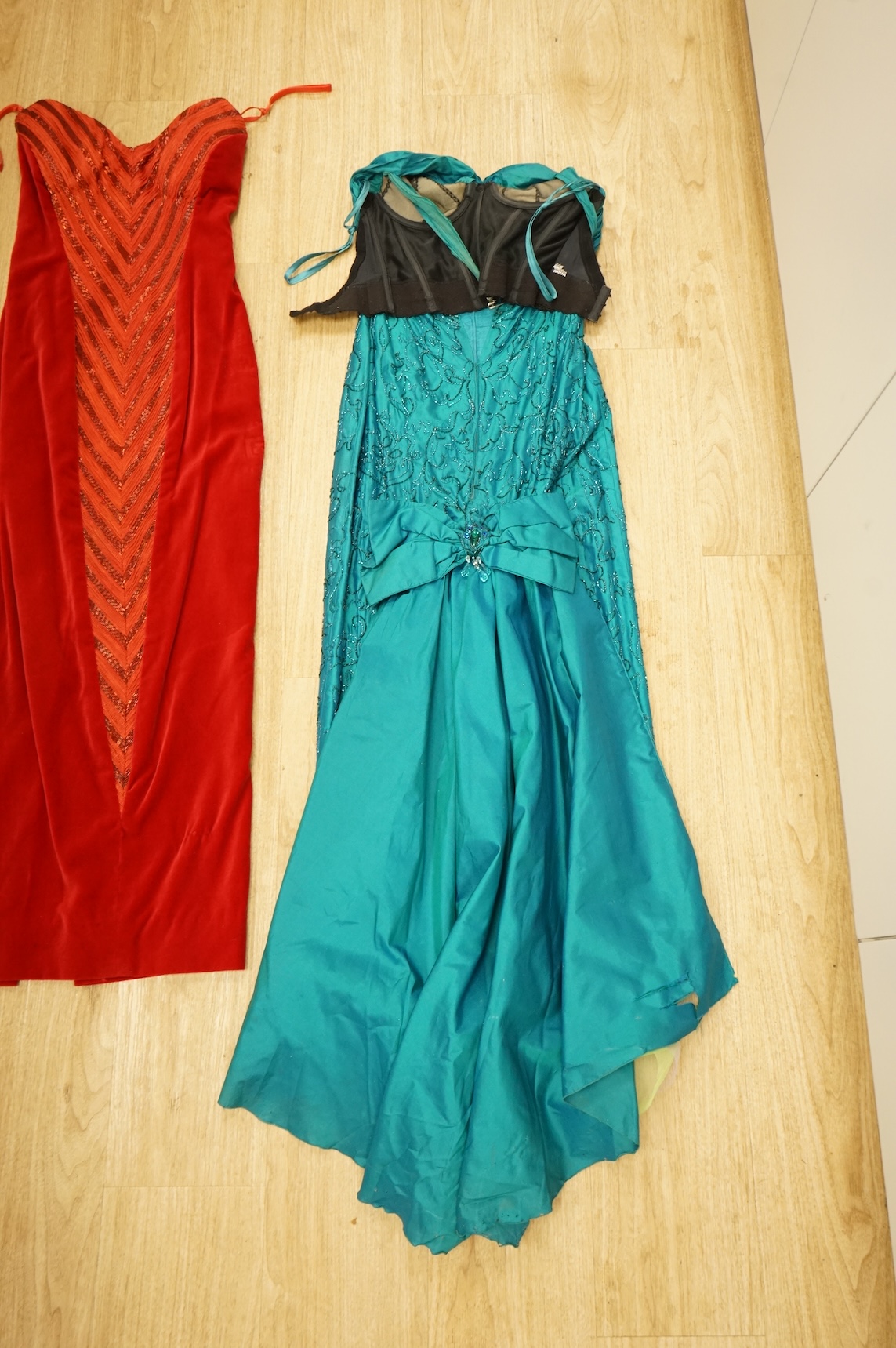 A 1960's/70's evening dress and jacket, with a red velvet dress
